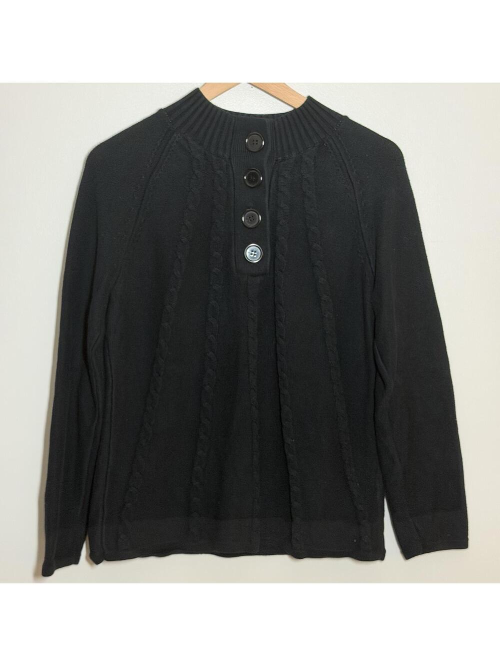 Mercer Street Studio Black Cable Knit Sweater Medium Button Mock Neck Cotton